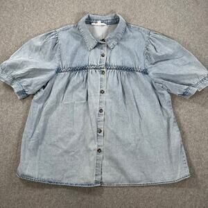 Jane + Delancey Chambray Braided Button Down Top Women's XL Short Sleeve Blue
